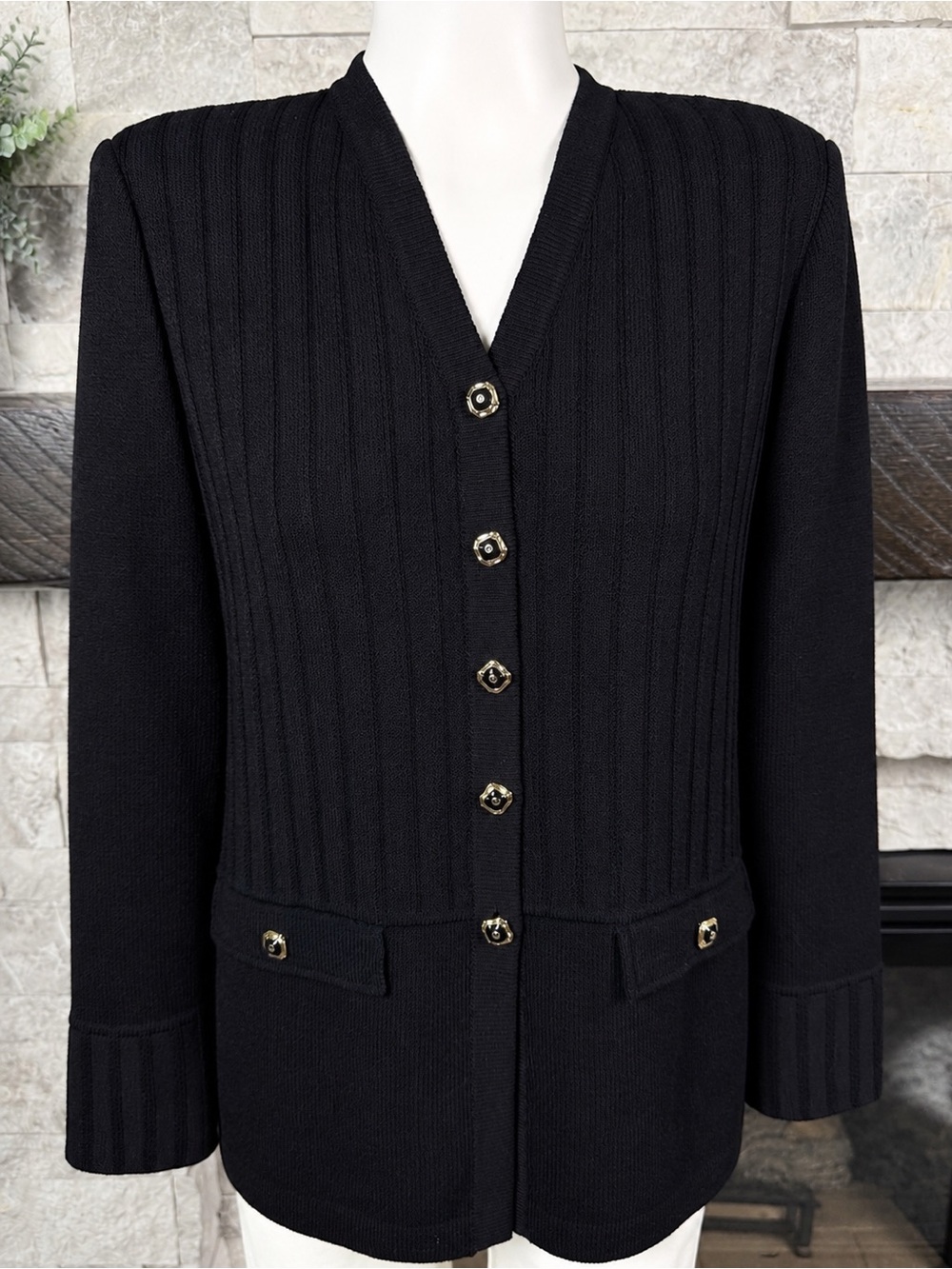 St. John Collection Santana Knit Black Ribbed Jacket Gold Buttons 8